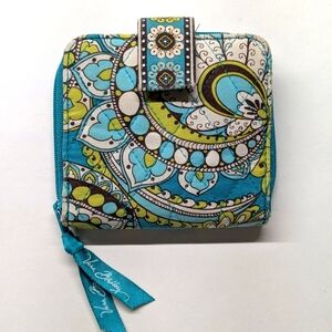 Vera Bradley zip up wallet, zip coin Peacock blue green white brown 4"X4"